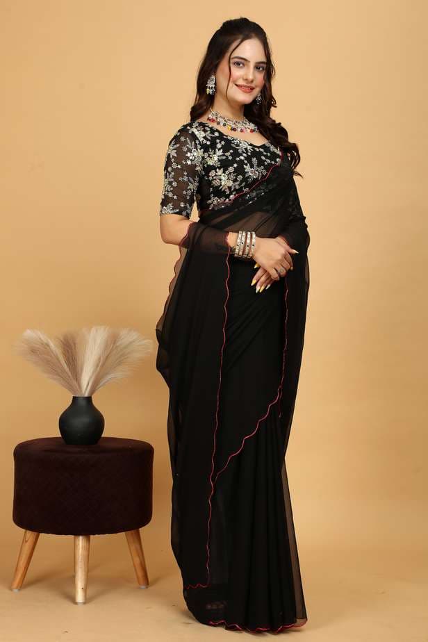 Awafu Embroidered Bollywood Georgette Saree With Blouse( Black)
