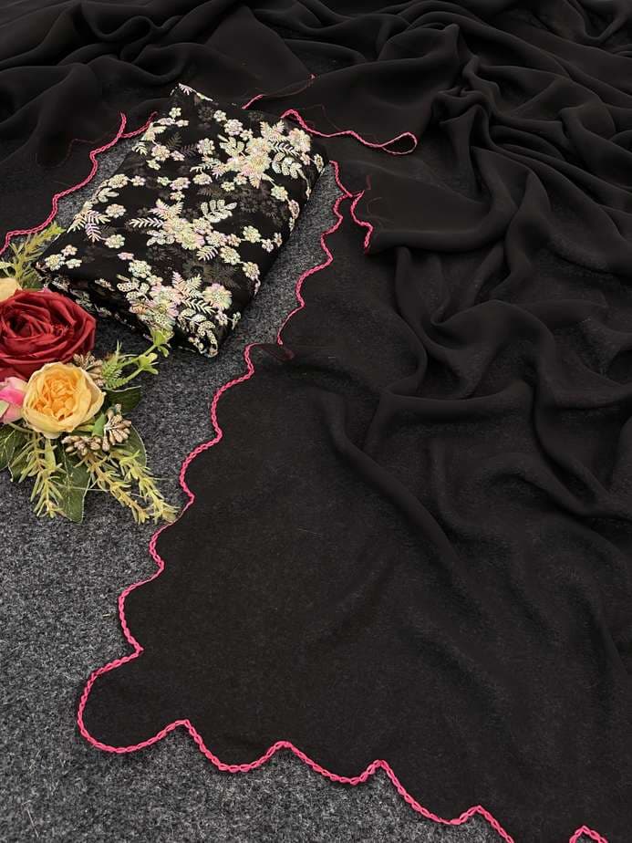 Awafu Embroidered Bollywood Georgette Saree With Blouse( Black) 2