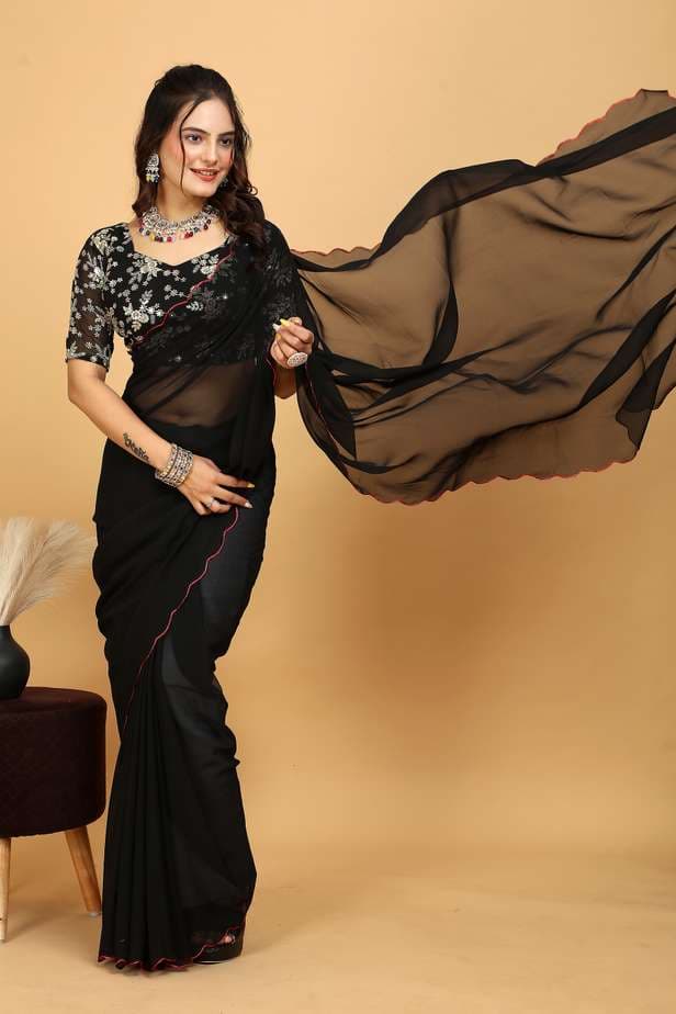 Awafu Embroidered Bollywood Georgette Saree With Blouse( Black) 1