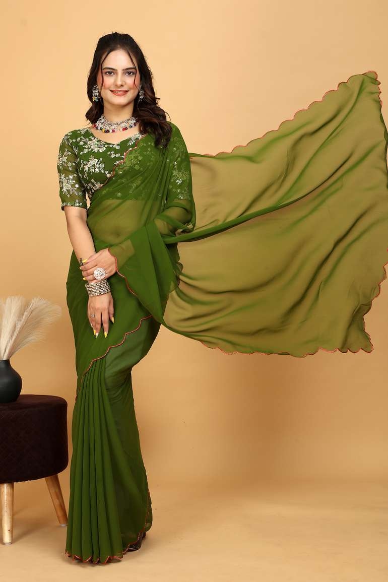 Awafu Embroidered Bollywood Georgette Saree With Blouse ( Green ) 2