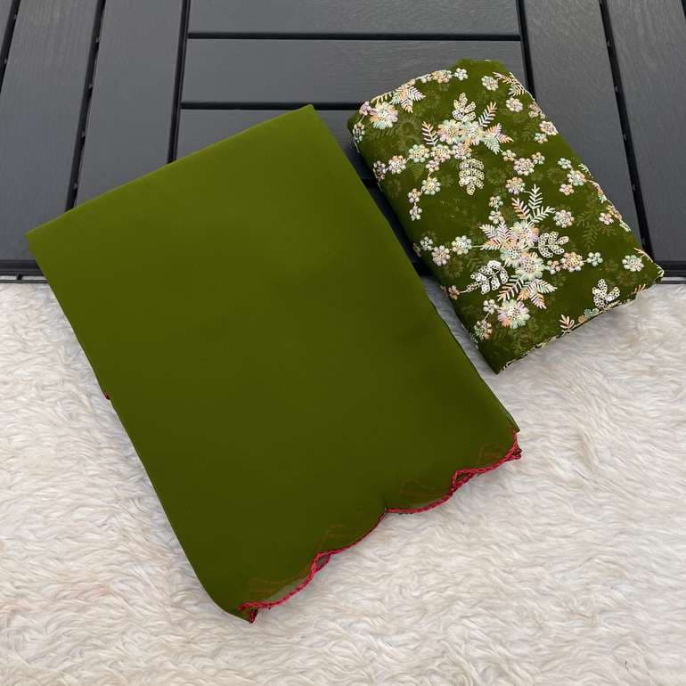 Awafu Embroidered Bollywood Georgette Saree With Blouse ( Green ) 4