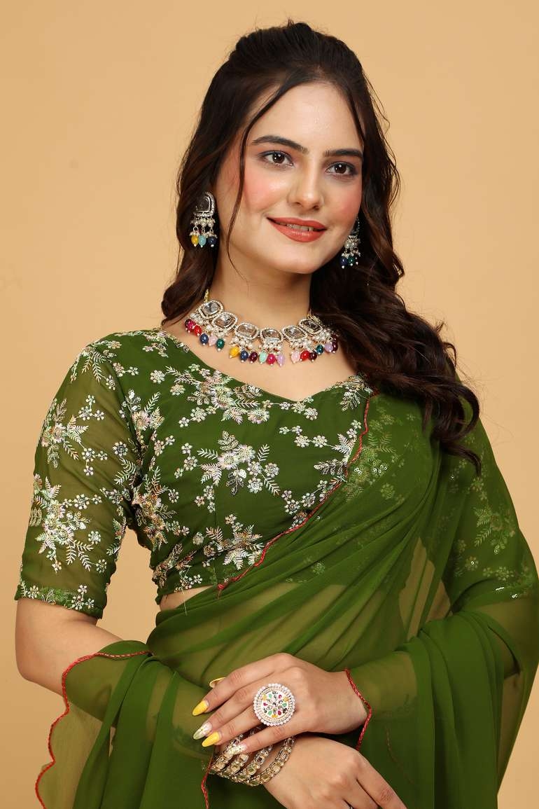 Awafu Embroidered Bollywood Georgette Saree With Blouse ( Green ) 1