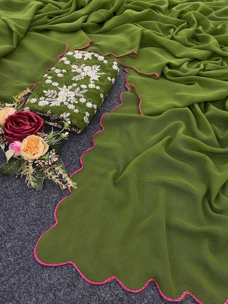 Awafu Embroidered Bollywood Georgette Saree With Blouse ( Green ) 3