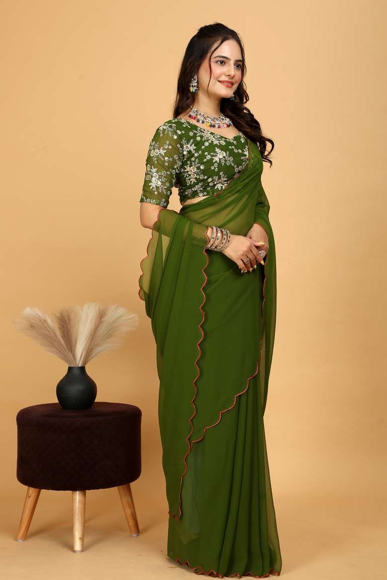 Awafu Embroidered Bollywood Georgette Saree With Blouse ( Green ) 3
