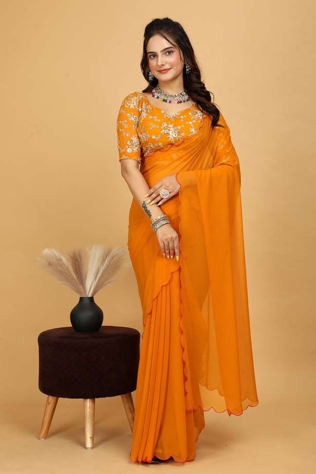 Awafu Embroidered Bollywood Georgette Saree With Blouse ( Yellow ) 2