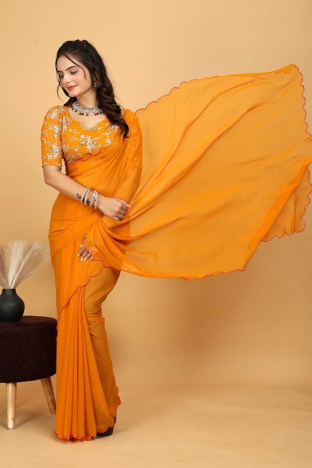 Awafu Embroidered Bollywood Georgette Saree With Blouse ( Yellow ) 3