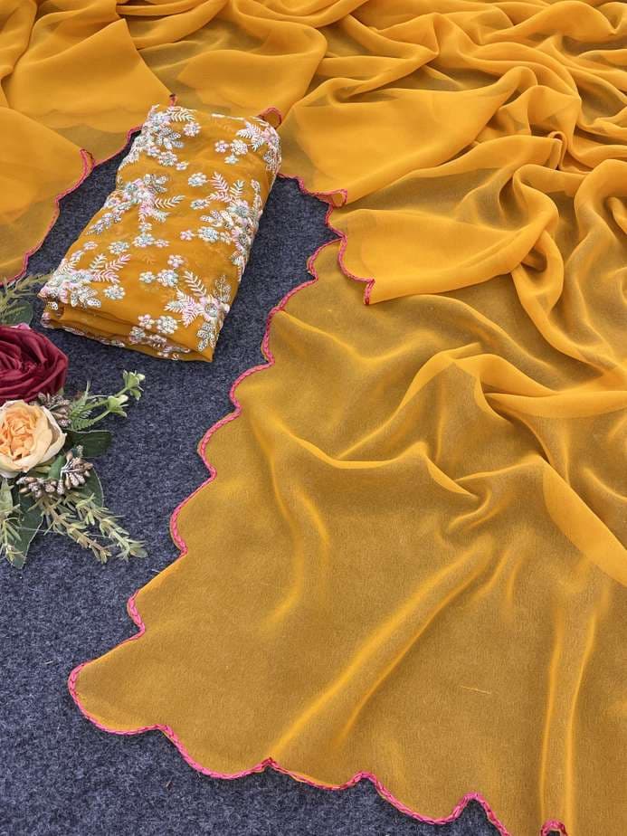 Awafu Embroidered Bollywood Georgette Saree With Blouse ( Yellow ) 5