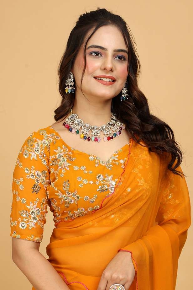 Awafu Embroidered Bollywood Georgette Saree With Blouse ( Yellow ) 1