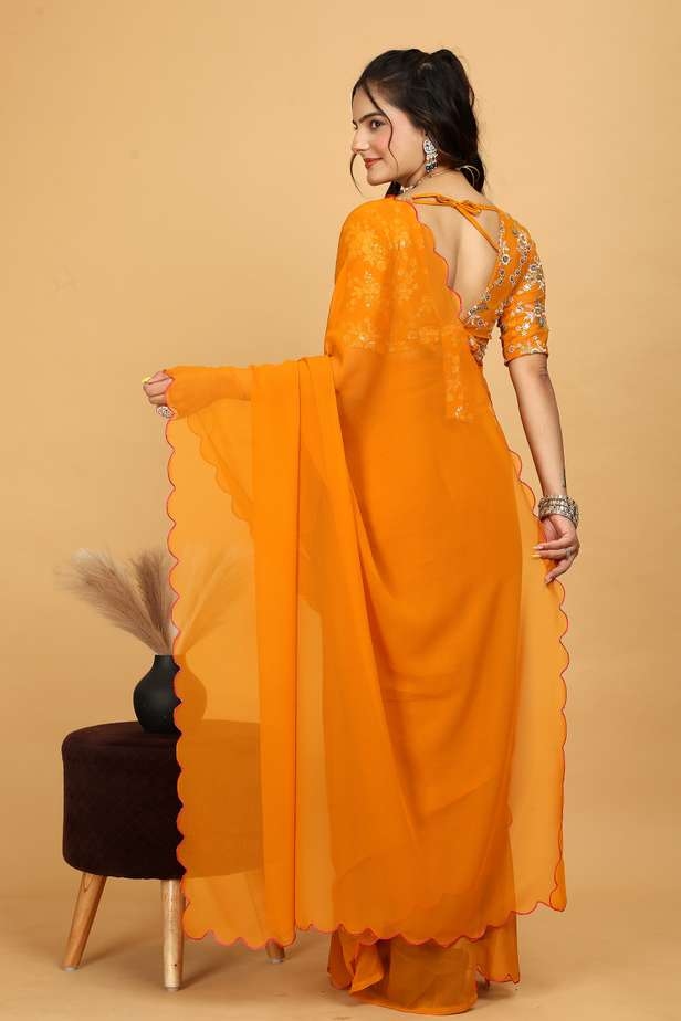 Awafu Embroidered Bollywood Georgette Saree With Blouse ( Yellow ) 4