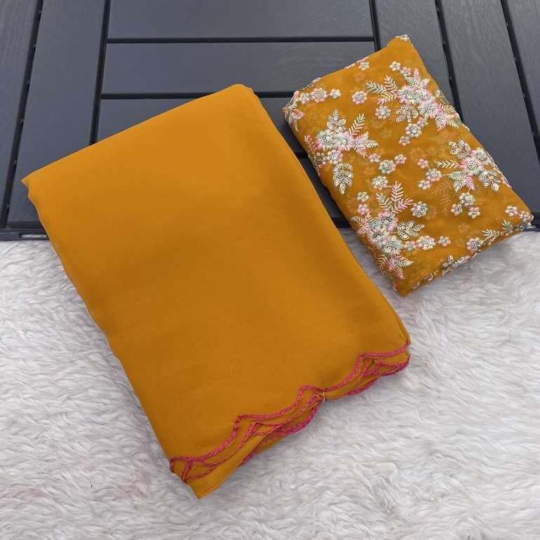 Awafu Embroidered Bollywood Georgette Saree With Blouse ( Yellow ) 4