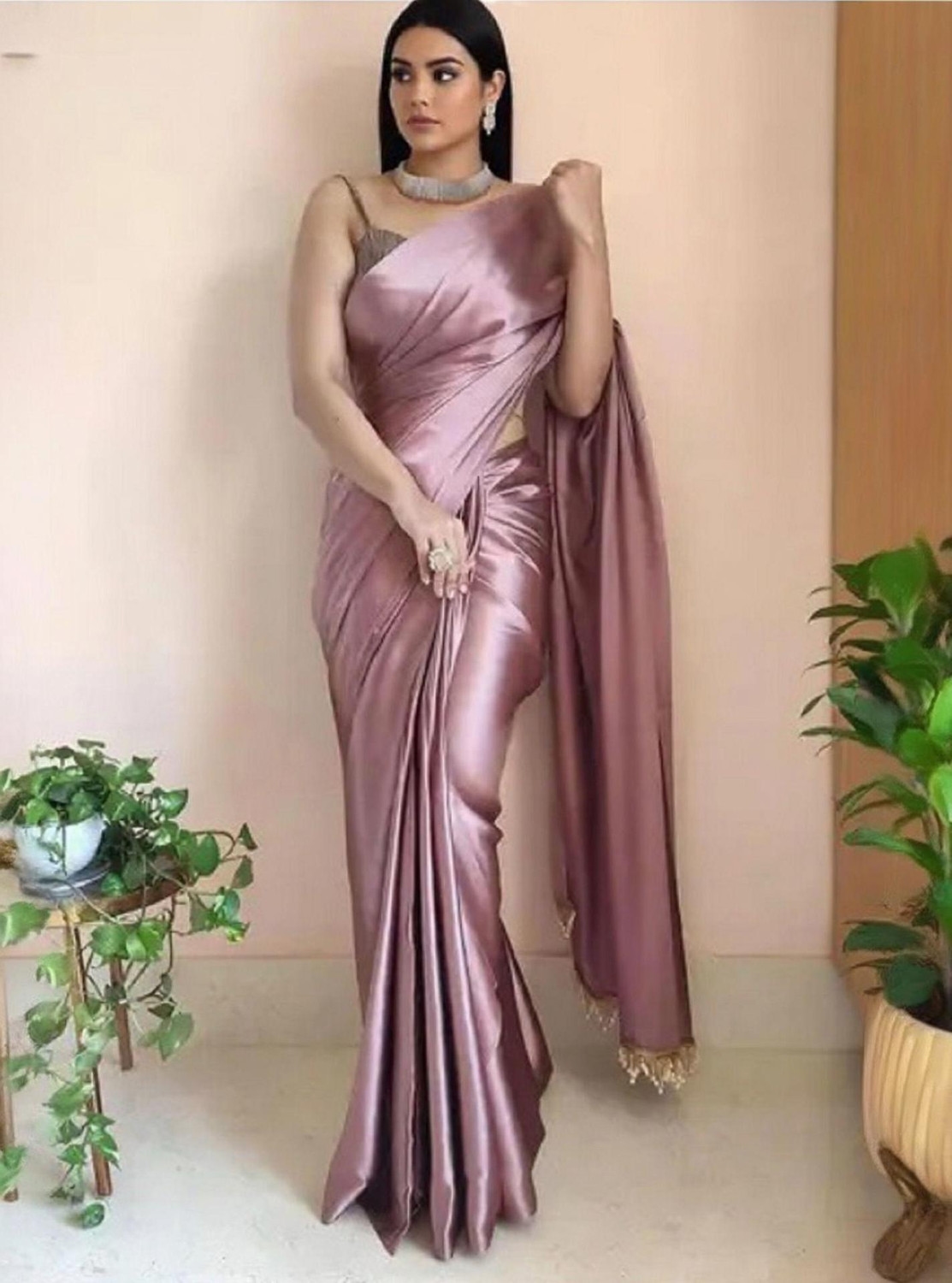 Women's Satin Silk Saree, Rose Gold, Dry Clean Only, Thread Embroidery, Plain Weave, 5.30 Meters 5