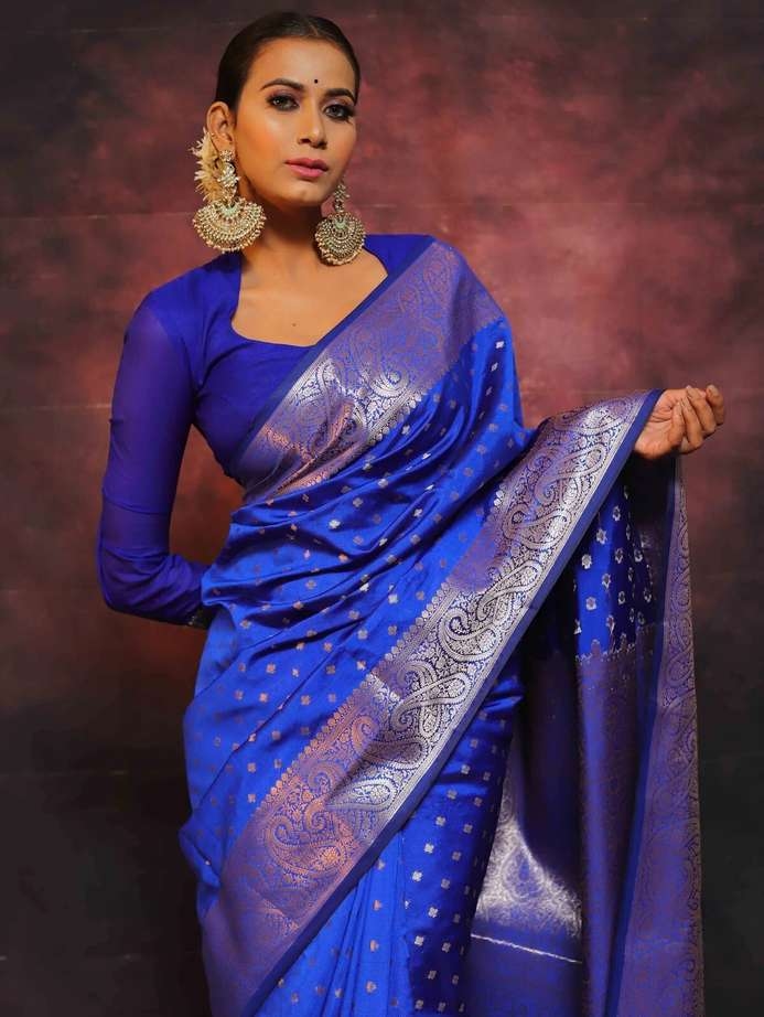 Awafu Woven Kanjivaram Pure Silk, Art Silk Saree With Blouse (Blue) 3