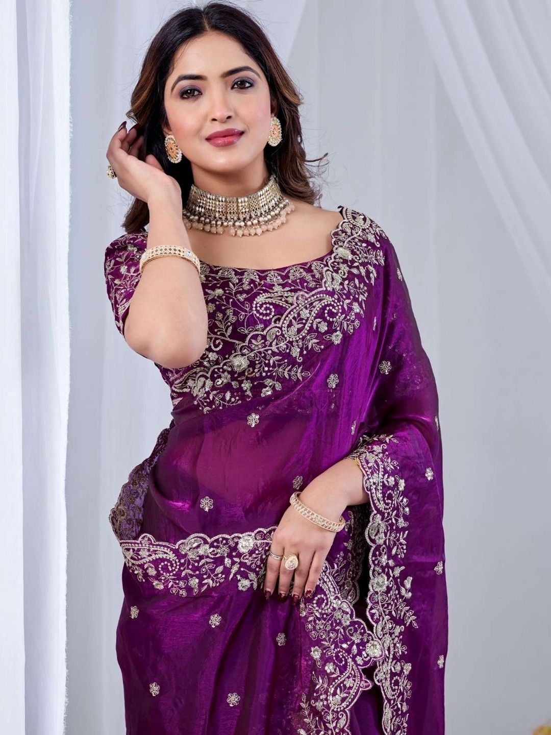 Fashion Embroidered Bollywood Chiffon Saree (Purple) 4
