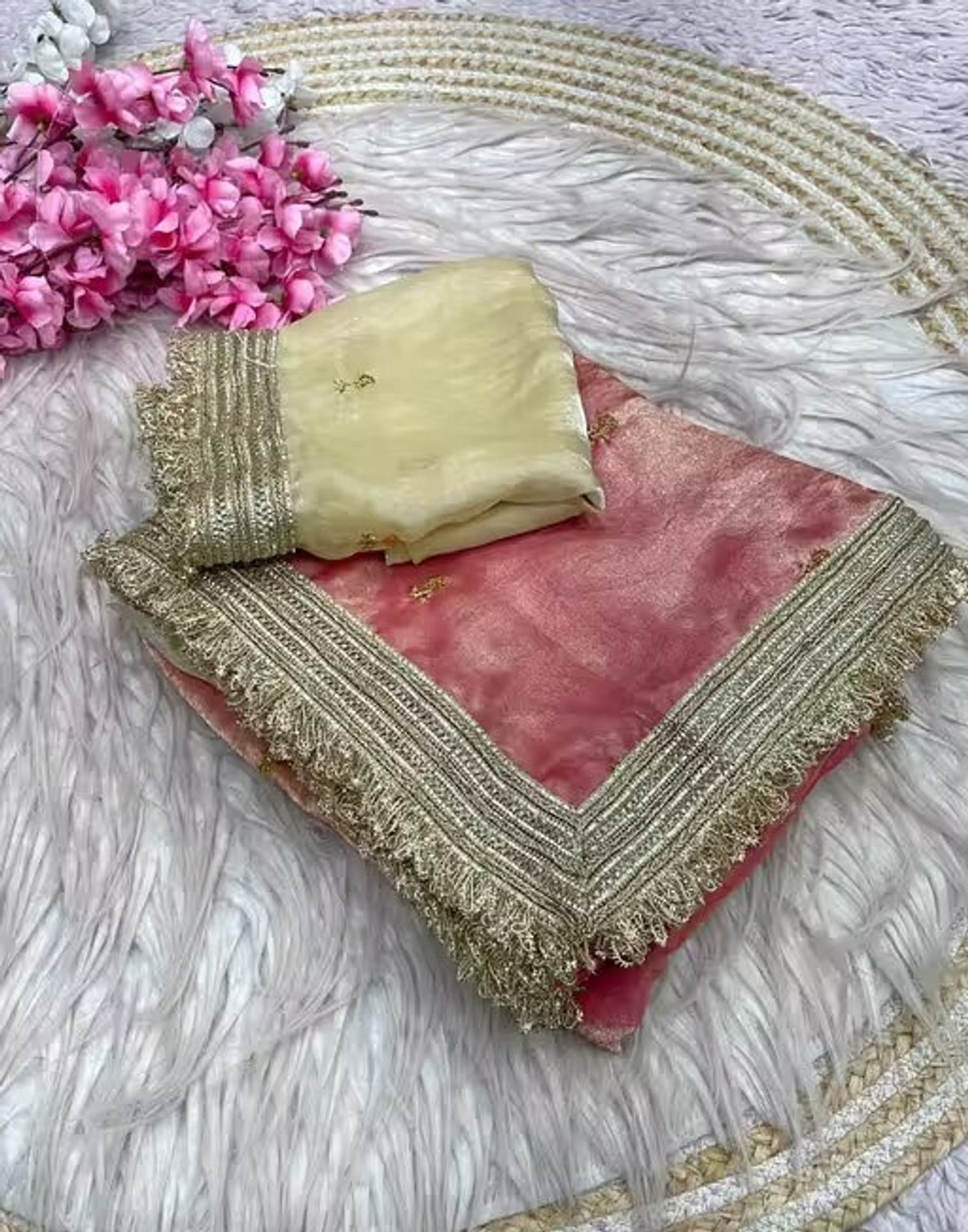 Embroidered Bollywood Pure Silk, Satin Saree (Pink) 4