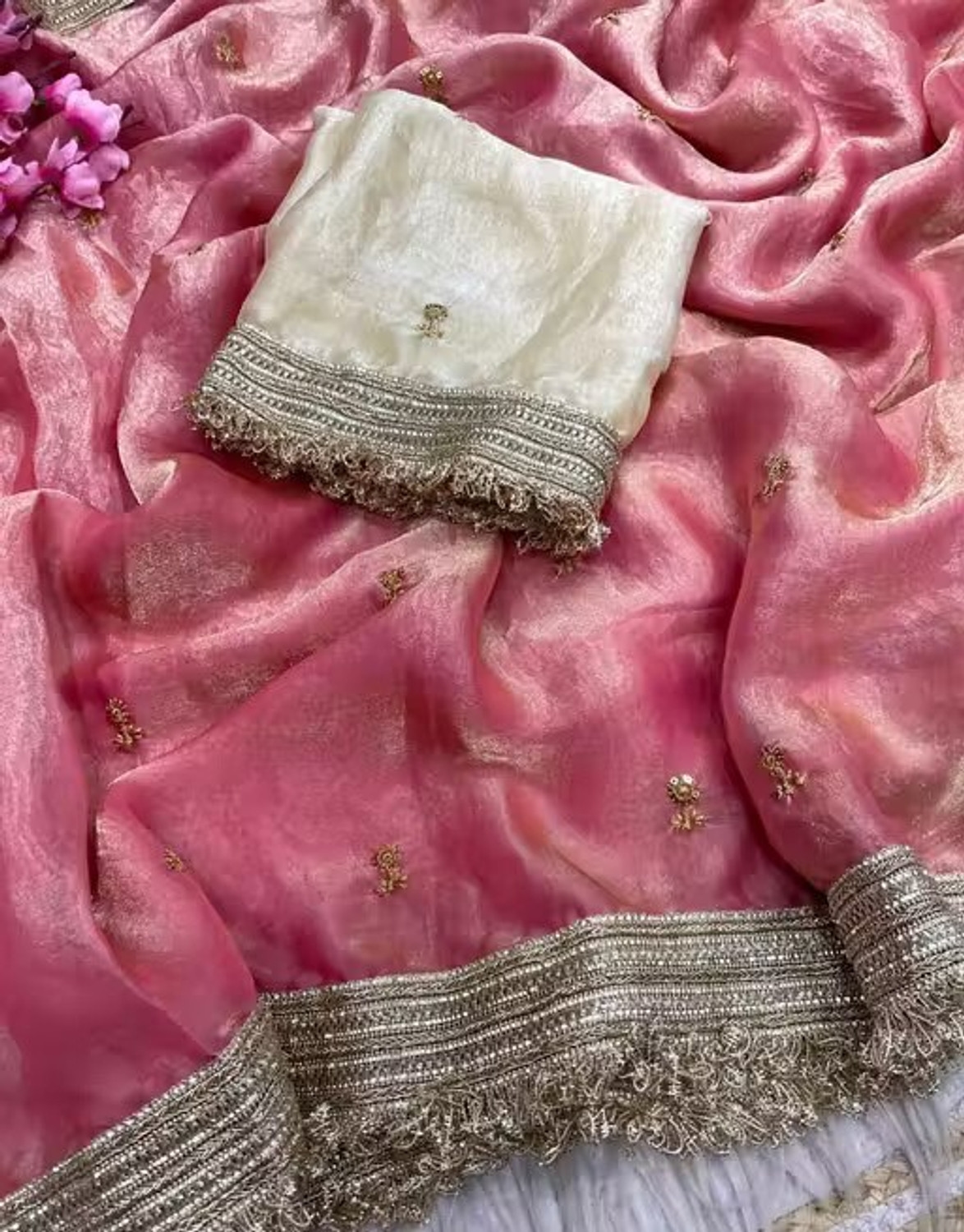 Embroidered Bollywood Pure Silk, Satin Saree (Pink) 3