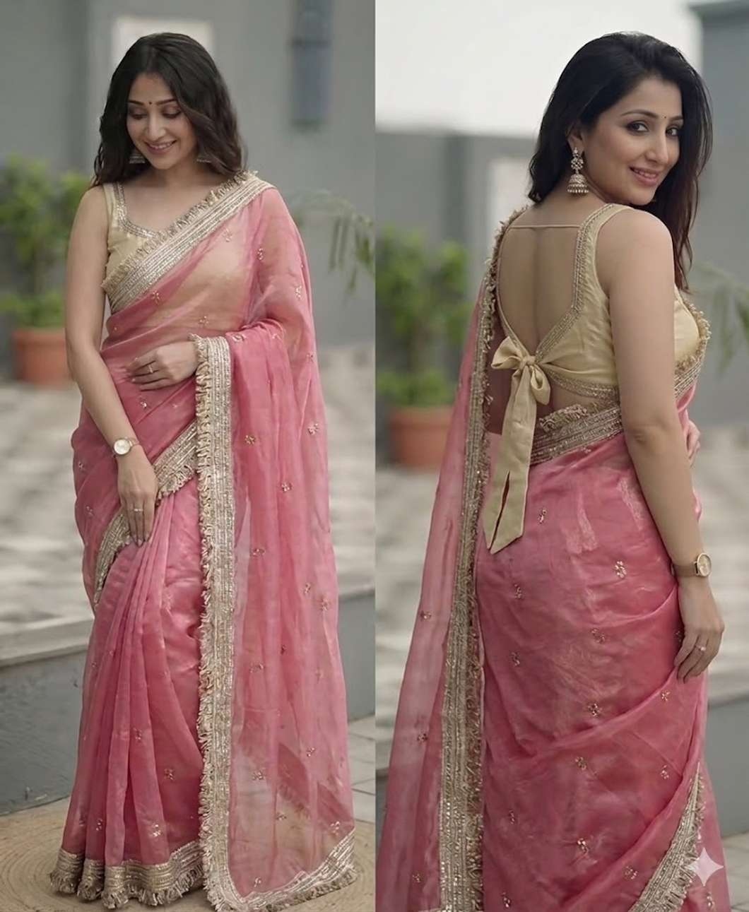 Embroidered Bollywood Pure Silk, Satin Saree (Pink) 5