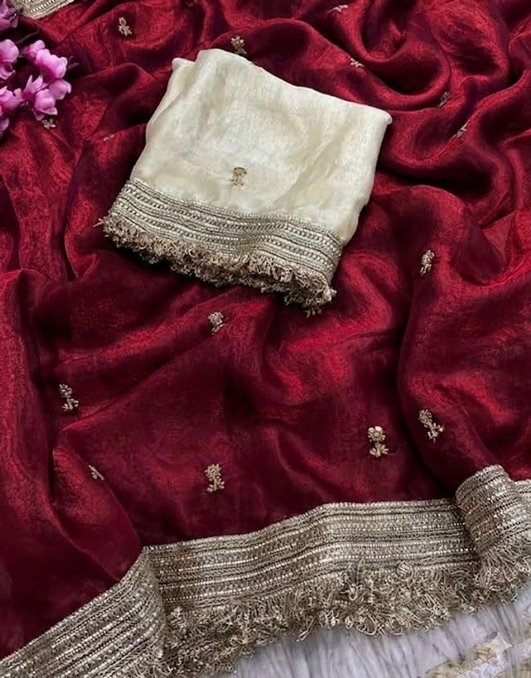 mbroidered Bollywood Pure Silk, Satin Saree (Maroon) 2
