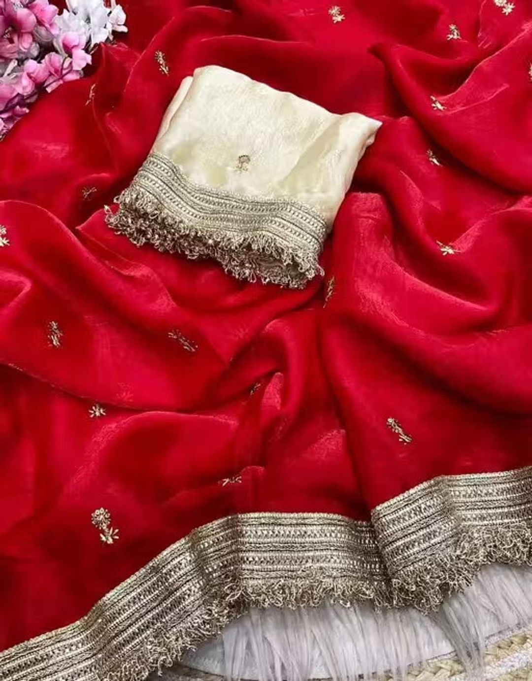 Embroidered Bollywood Pure Silk, Satin Saree (Red) 2