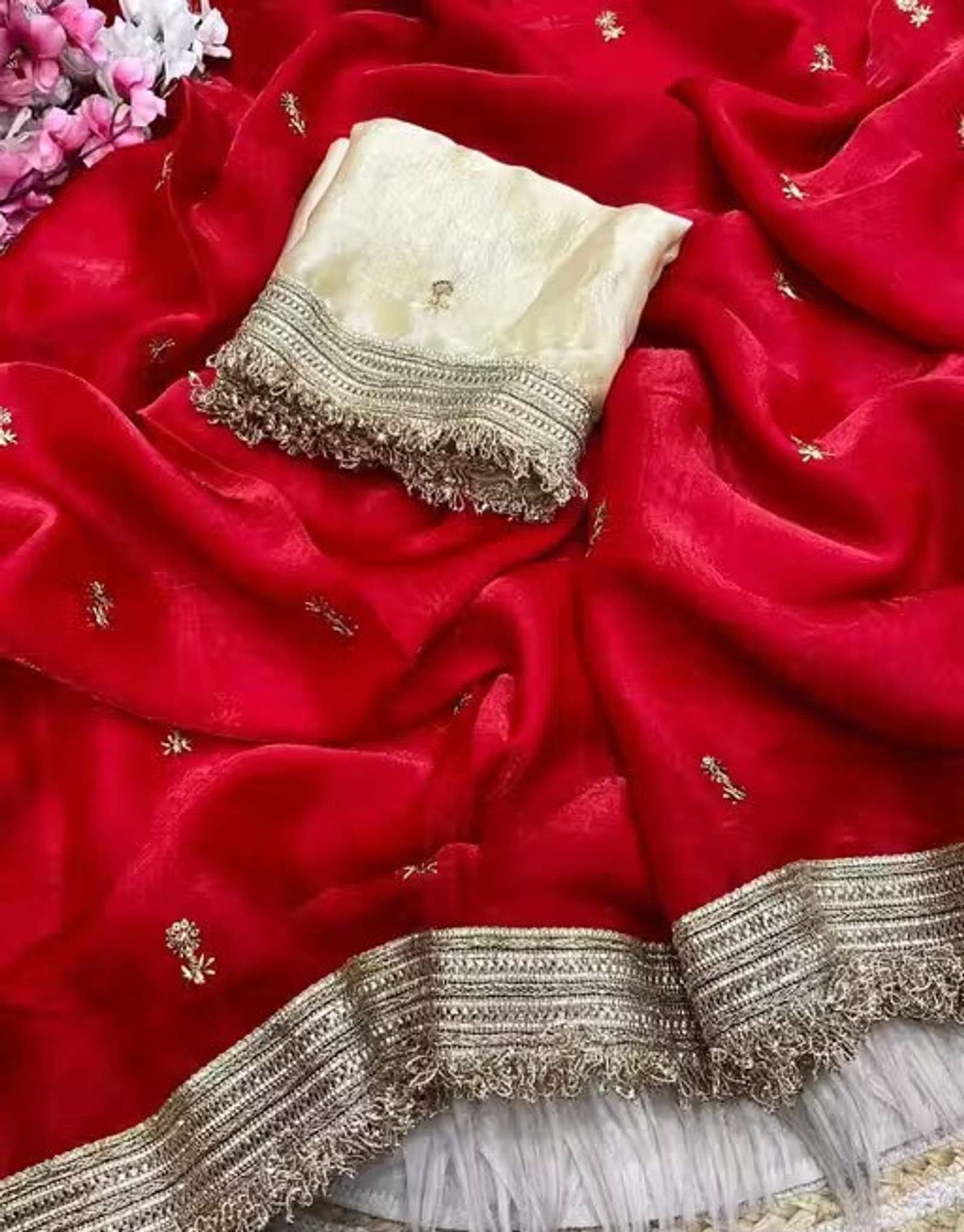 Embroidered Bollywood Pure Silk, Satin Saree (Red) 2
