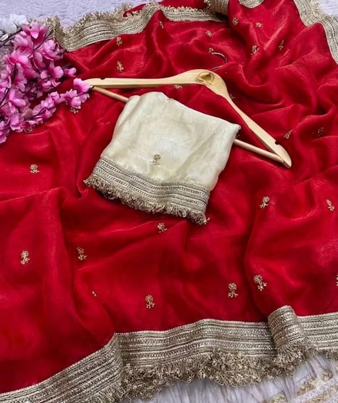 Embellished Bollywood Pure Silk, Satin Saree (Red) 1