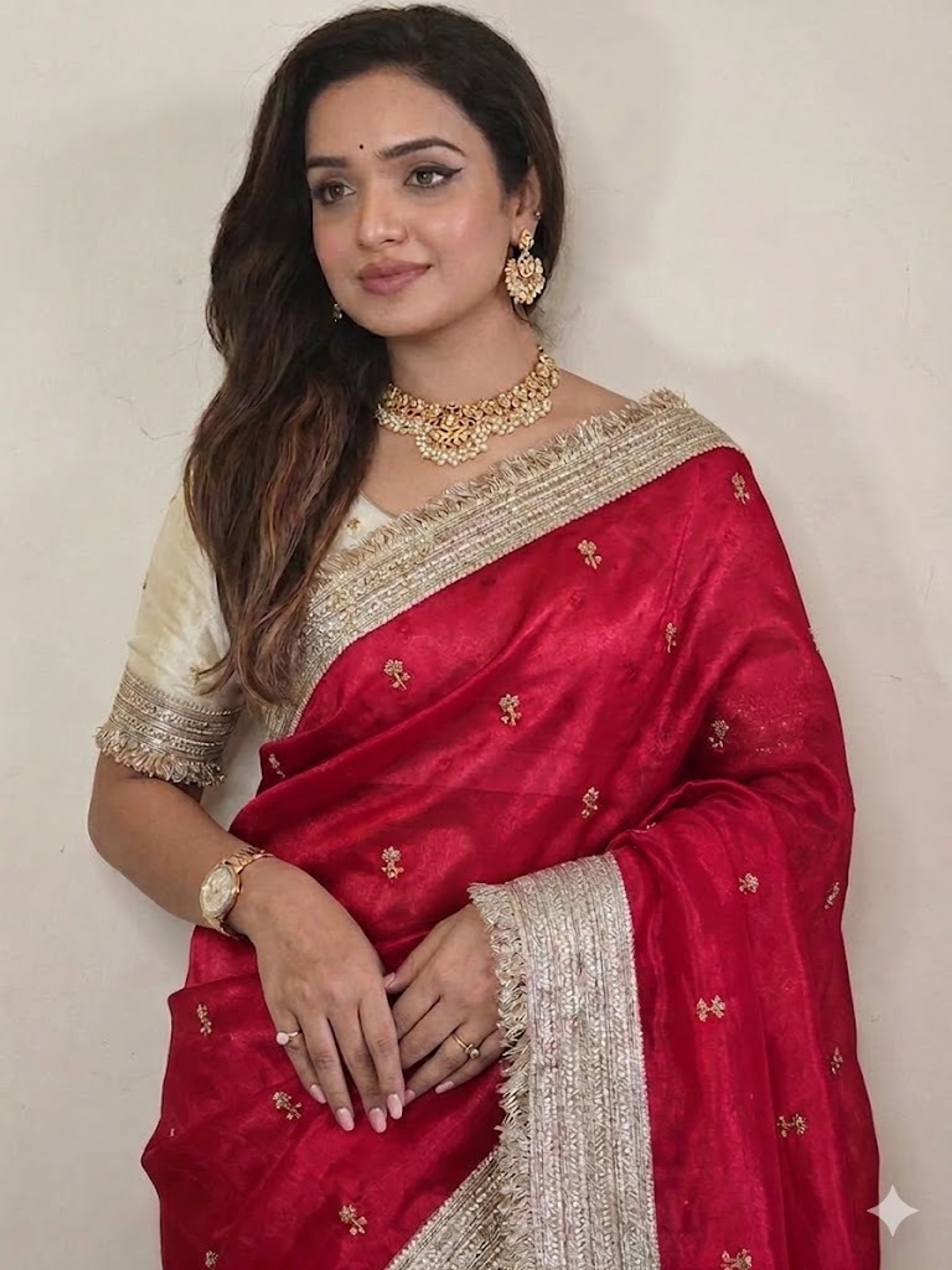 Embroidered Bollywood Pure Silk, Satin Saree (Red) 1