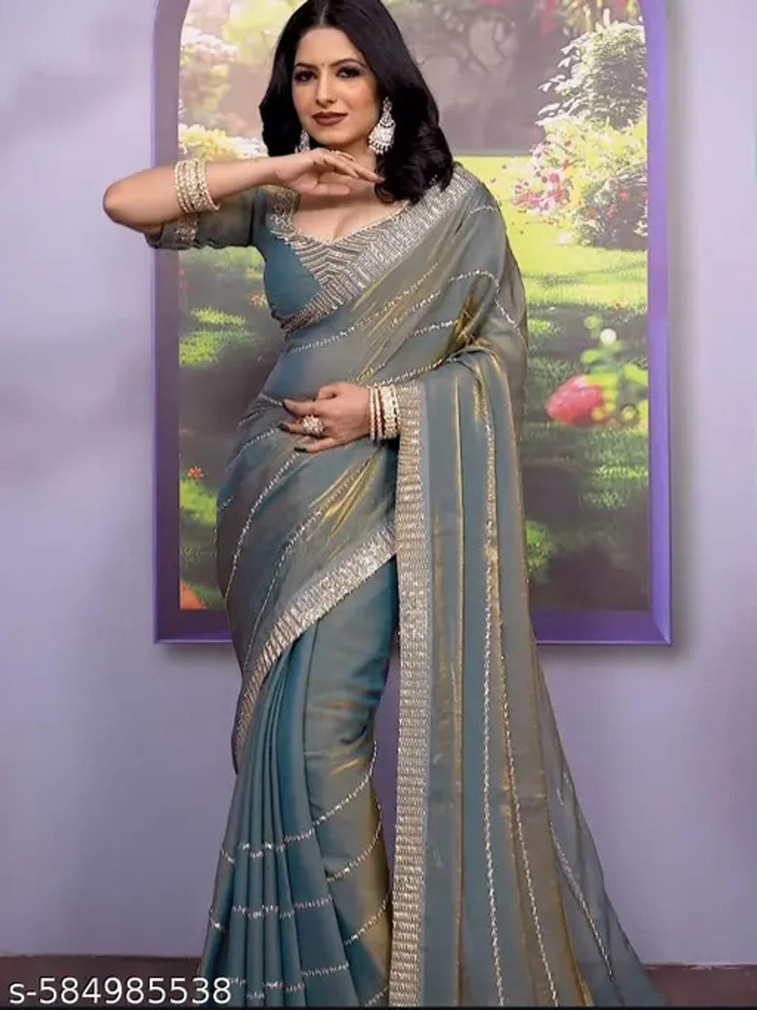 viral designer Woven, Embroidered, Printed Bollywood Chiffon Saree (Blue, Gold) 2