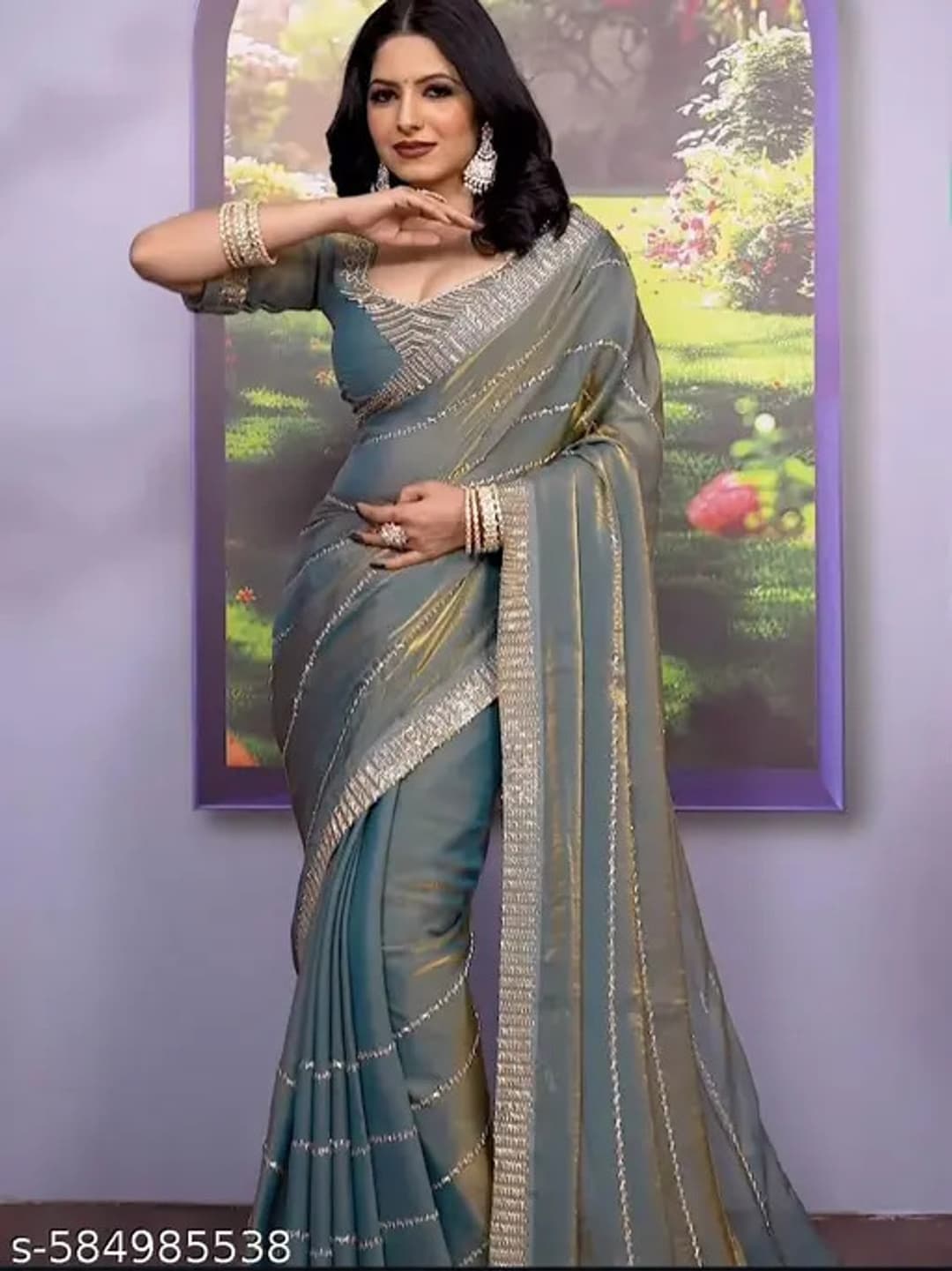 viral designer Woven, Embroidered, Printed Bollywood Chiffon Saree (Blue, Gold) 1