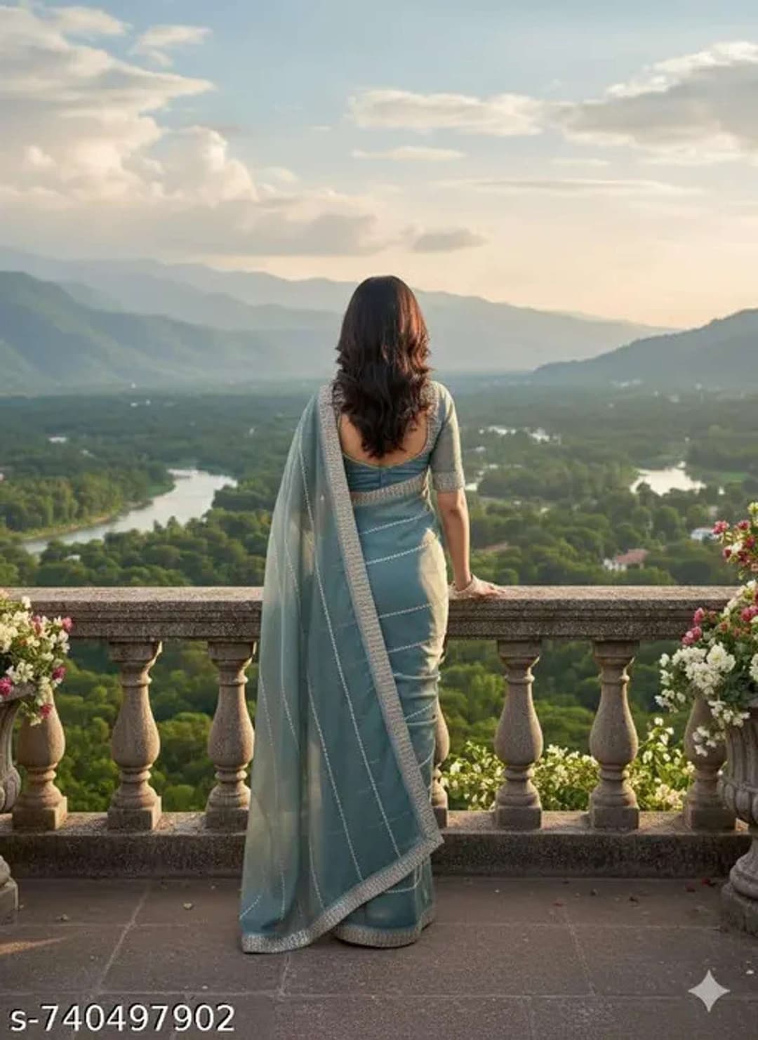 viral designer Woven, Embroidered, Printed Bollywood Chiffon Saree (Blue, Gold) 5