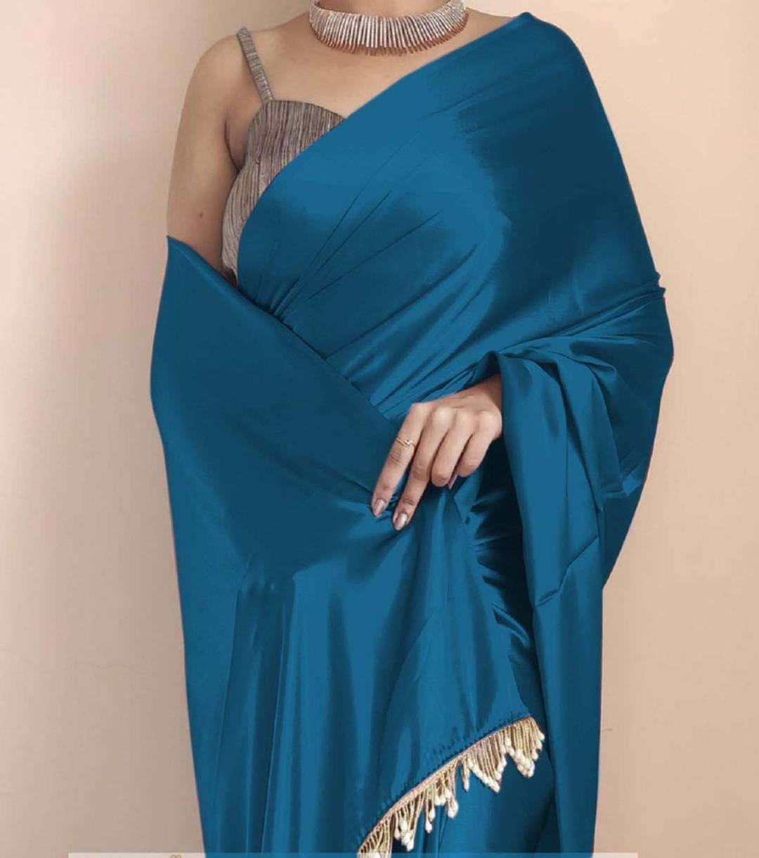 Awafu Solid/Plain Bollywood Satin, Silk Blend Saree (Blue) 2