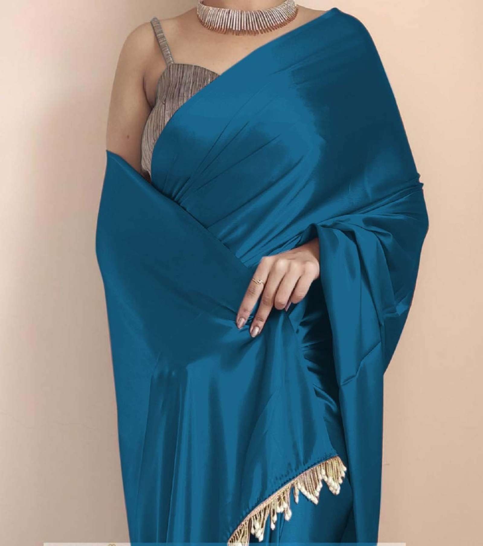 Awafu Solid/Plain Bollywood Satin, Silk Blend Saree (Blue) 2