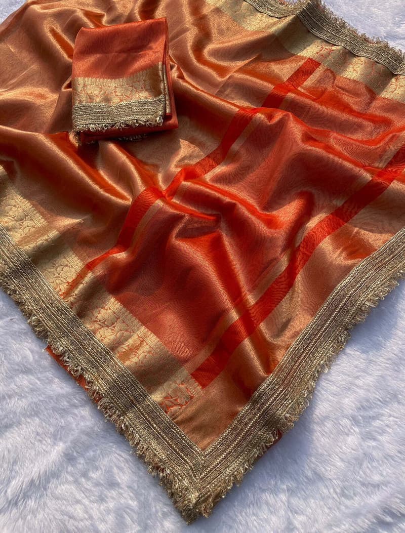 Shivshakti Collection Woven Banarasi Tissue Saree (Orange) With Blouse Piece 3