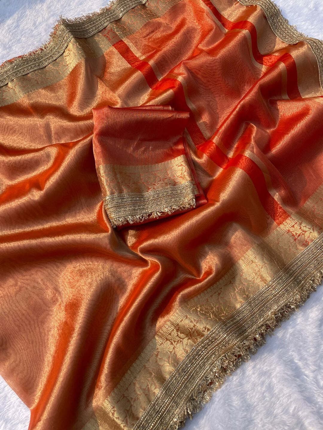 Shivshakti Collection Woven Banarasi Tissue Saree (Orange) With Blouse Piece 4