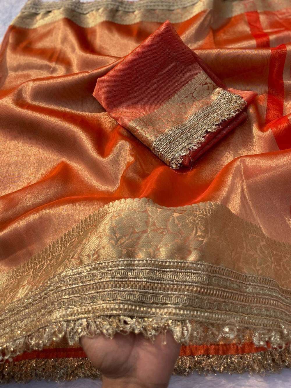 Shivshakti Collection Woven Banarasi Tissue Saree (Orange) With Blouse Piece 1