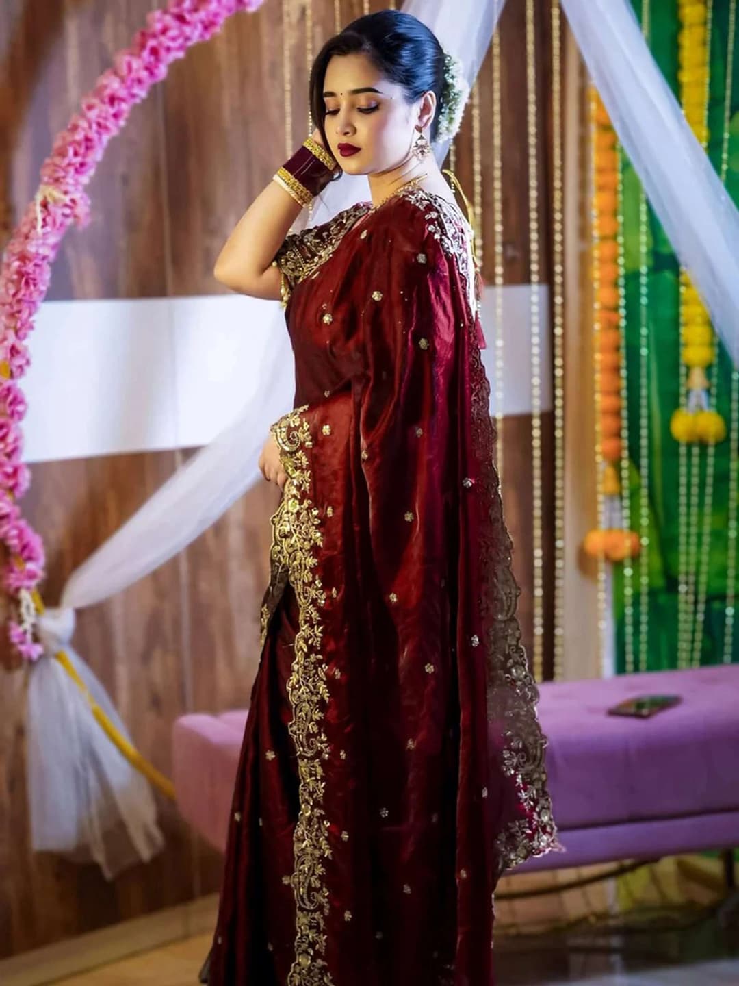 Shivshakti Collection Embroidered Bollywood Jimmy Jimmy Saree (Maroon) 2