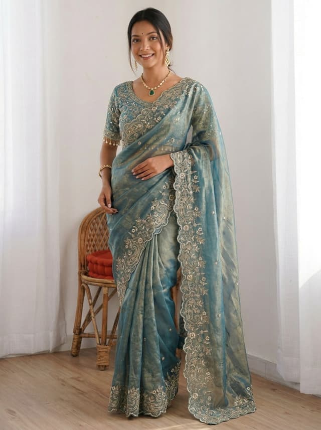 Embroidered, Embellished Bollywood Satin Saree (Light Blue)