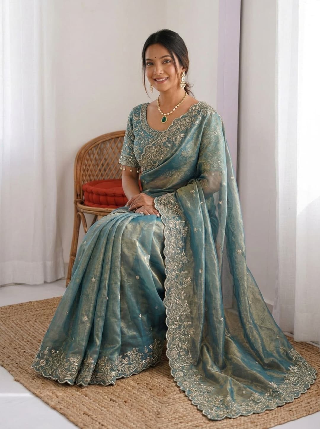 Embroidered, Embellished Bollywood Satin Saree (Light Blue) 3