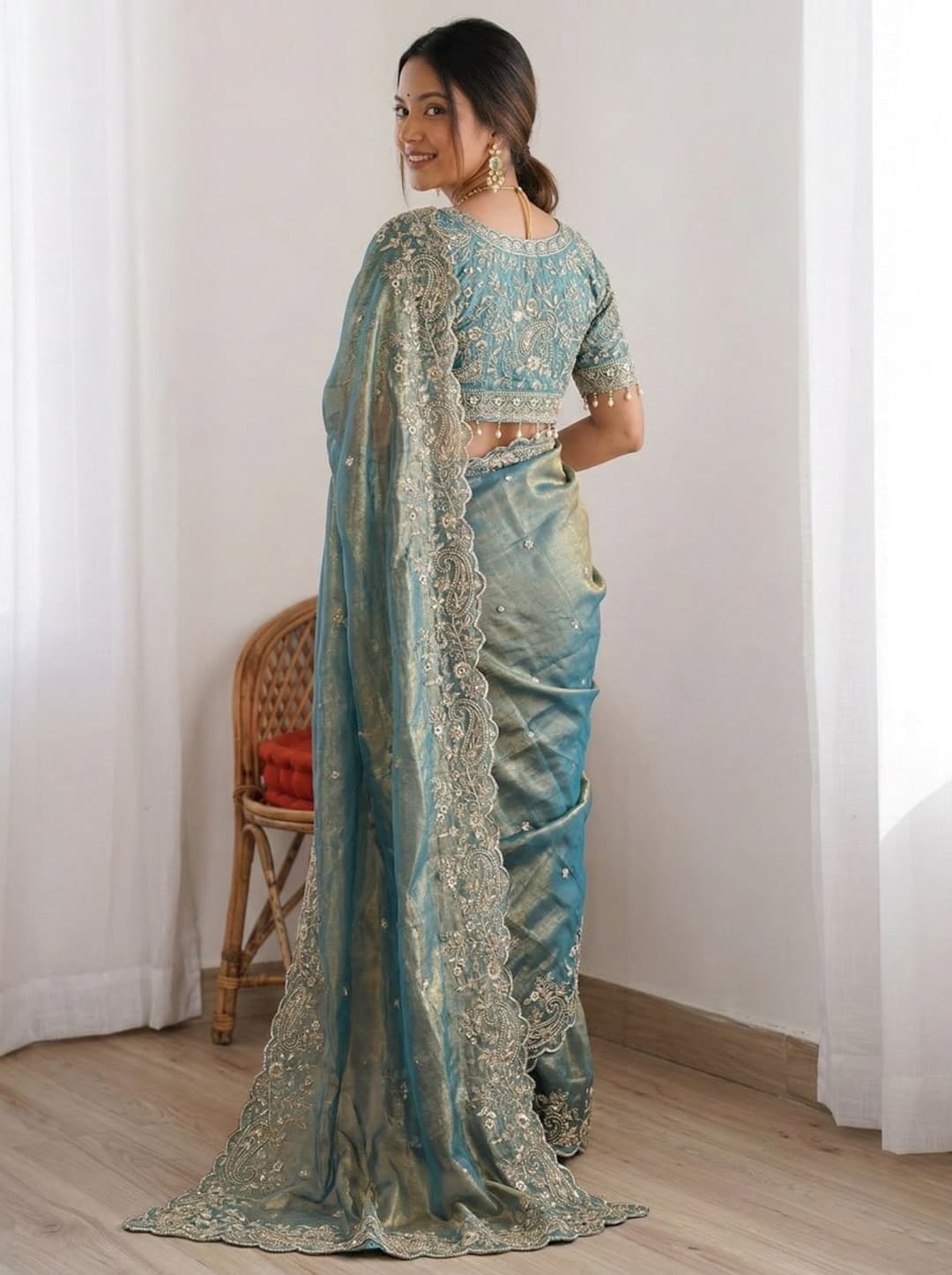 Embroidered, Embellished Bollywood Satin Saree (Light Blue) 2