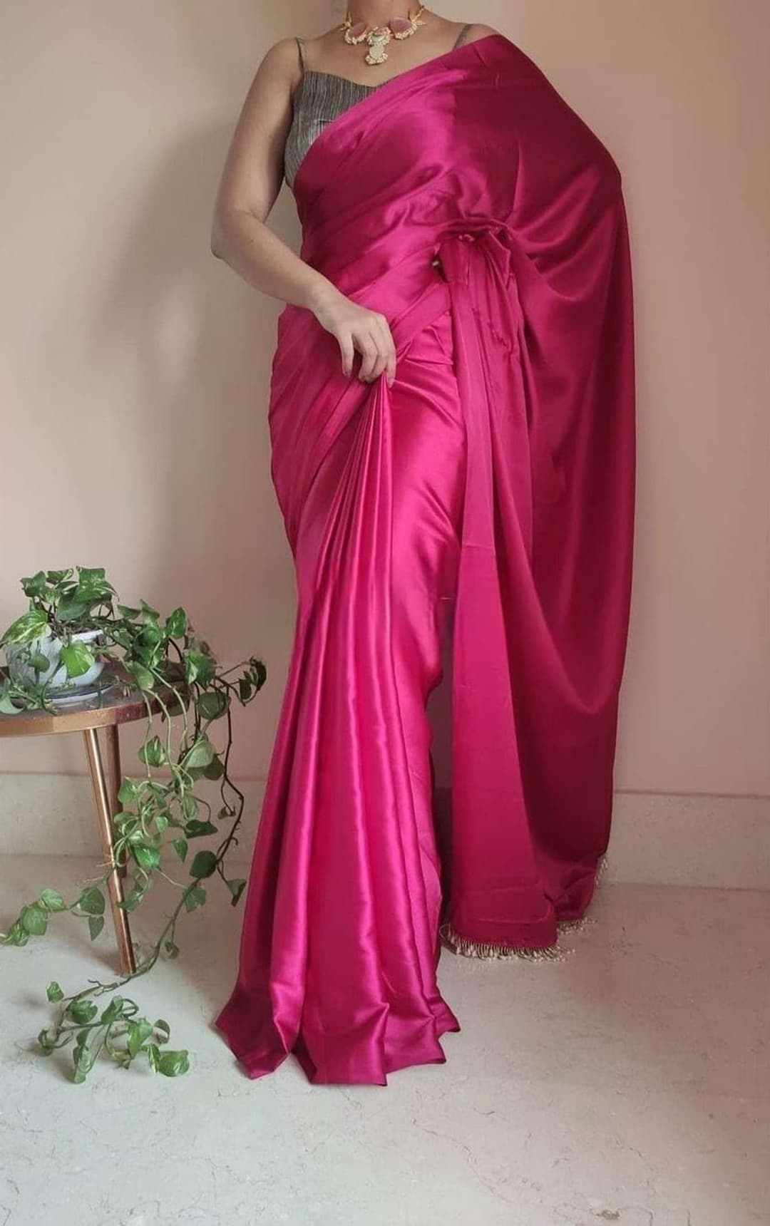 Awafu Solid Plain Satin Silk Blend Saree With Blouse Pink Color