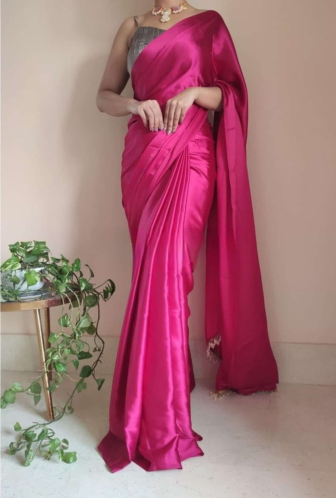 Awafu Solid Plain Satin Silk Blend Saree With Blouse Pink Color 1