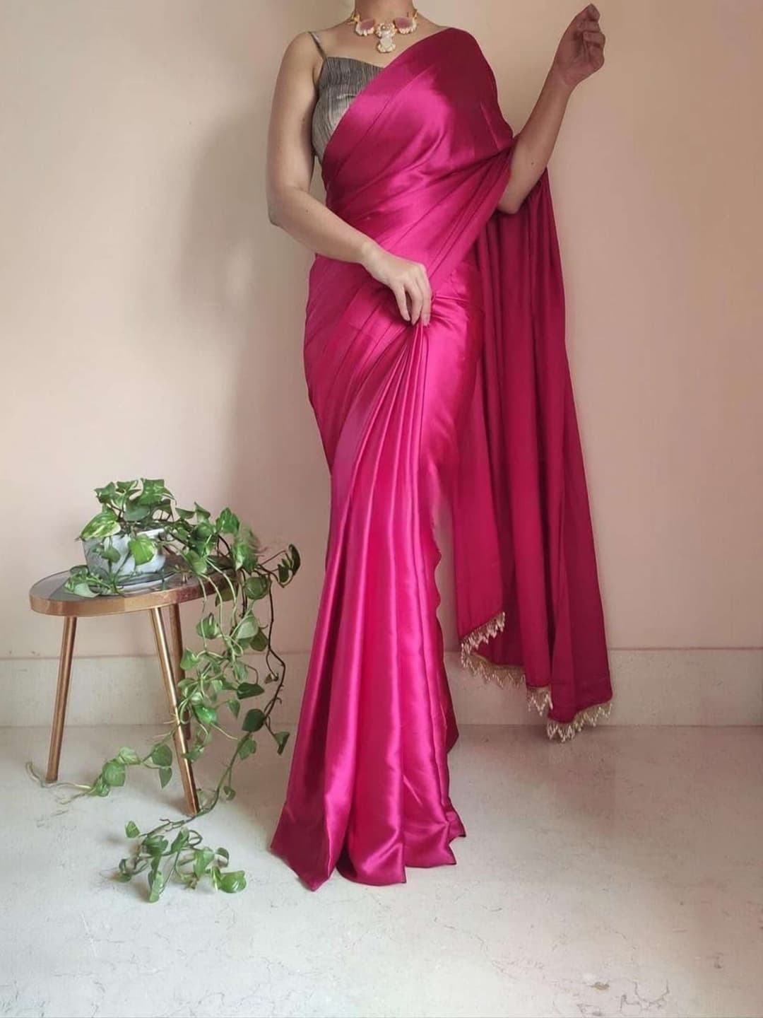 Awafu Solid Plain Satin Silk Blend Saree With Blouse Pink Color 2