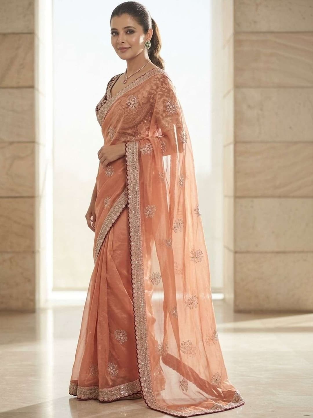 Shivshakti Collection Embellished Bollywood Satin Saree (Orange) 1