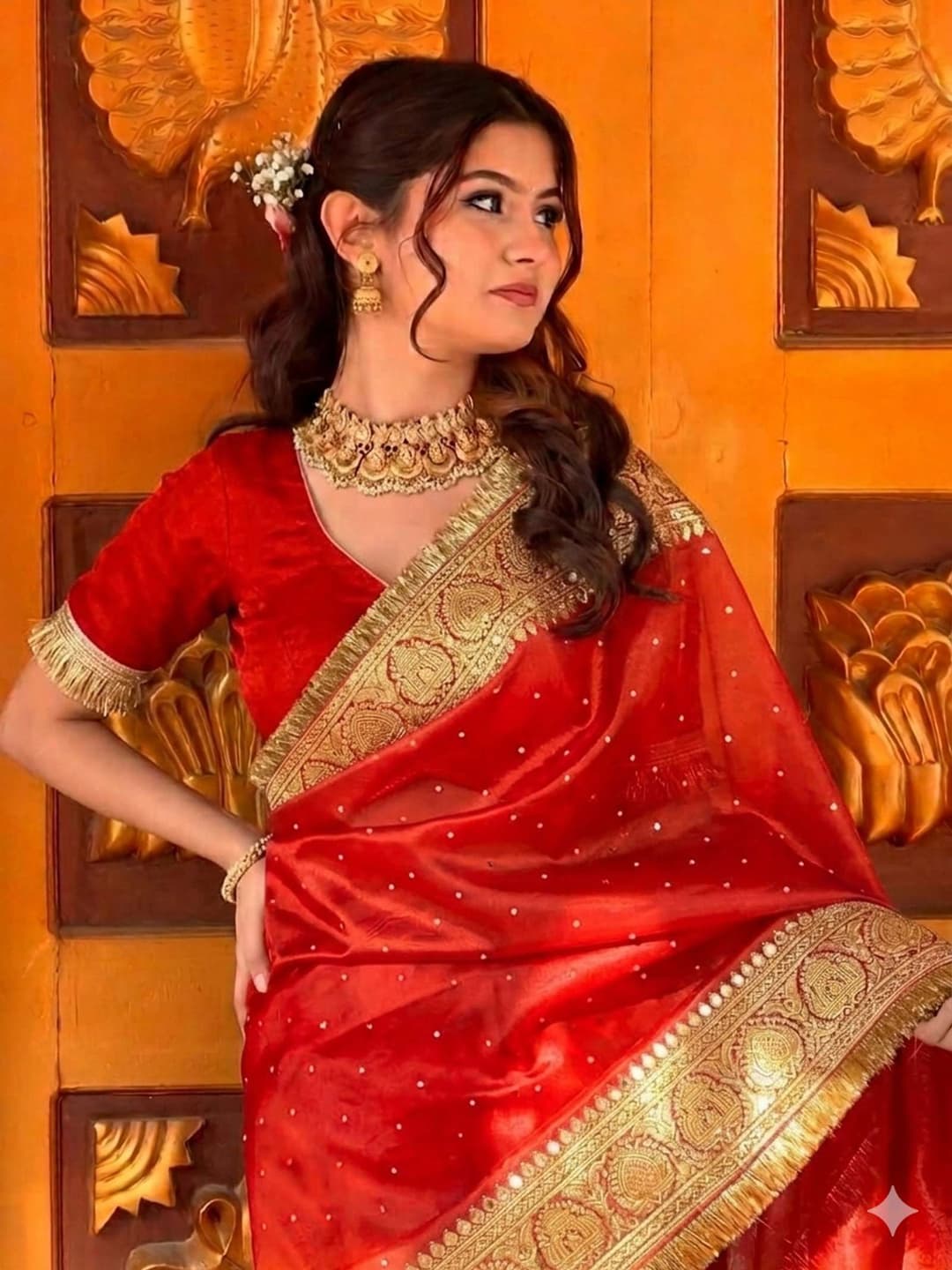 Banaras silk palace Embellished, Woven Banarasi Tissue Saree (Red)