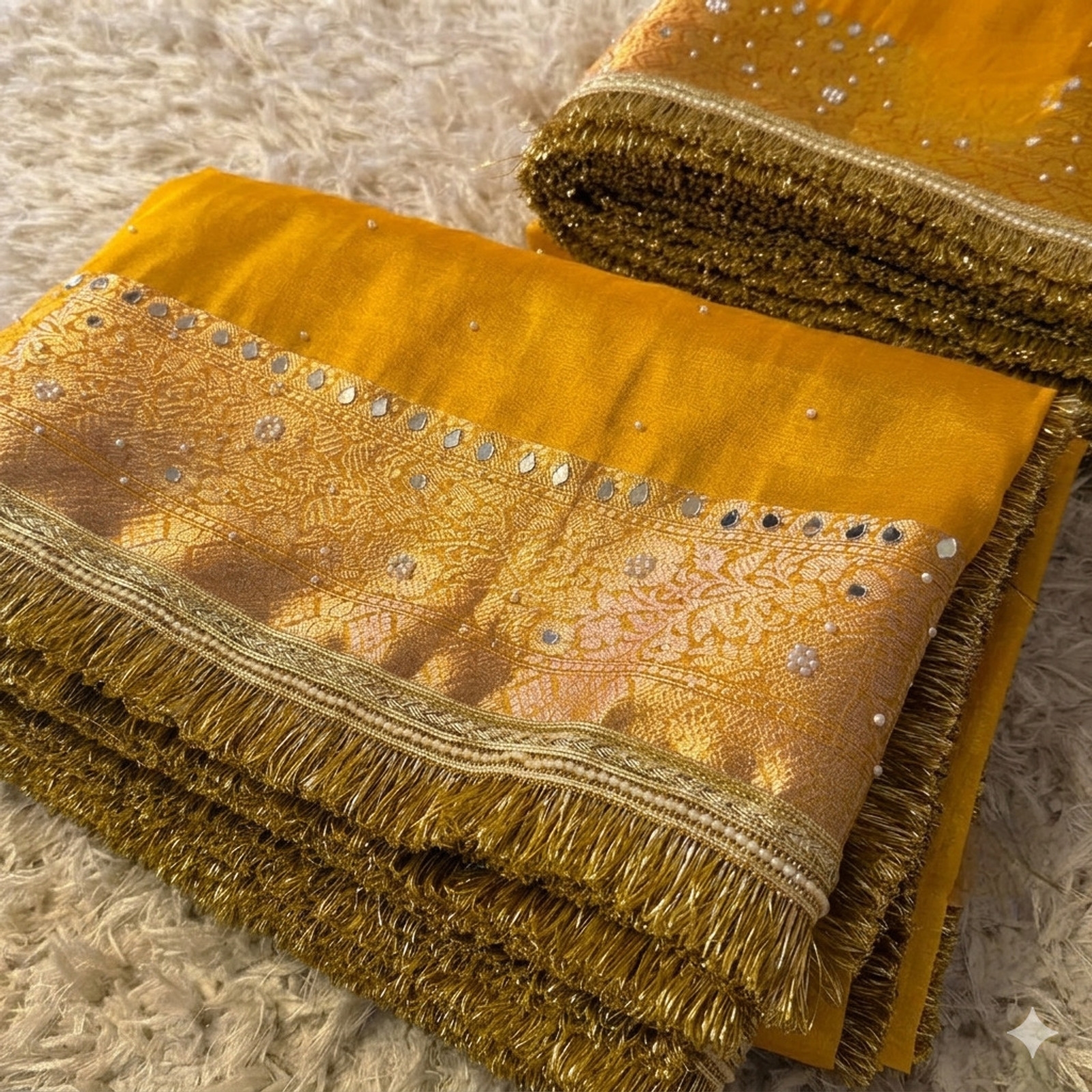 Banaras silk palace Embellished, Woven Banarasi Tissue Saree (Yellow) 3