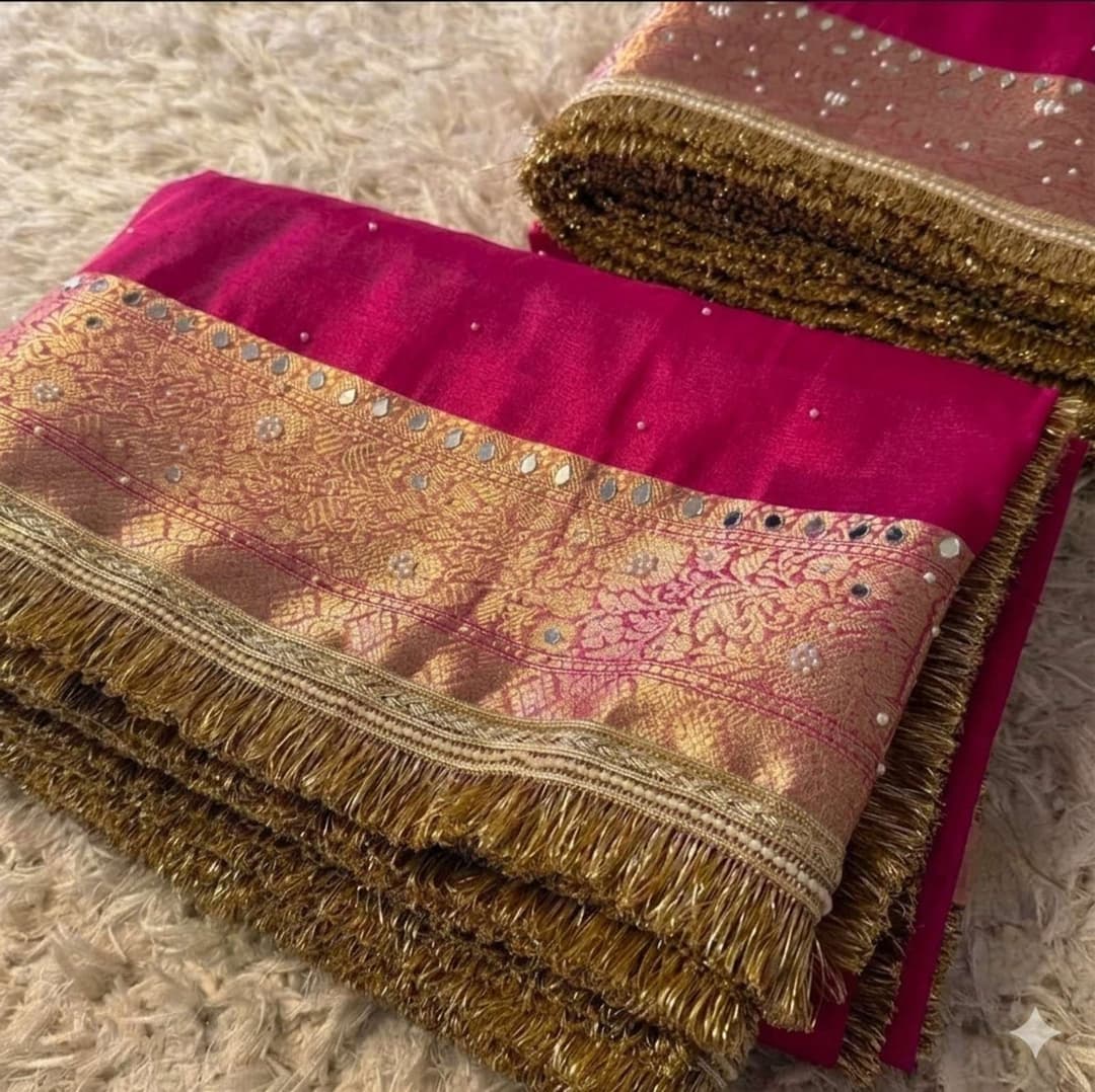 Banaras silk palace Embellished, Woven Banarasi Tissue Saree (Pink) 2