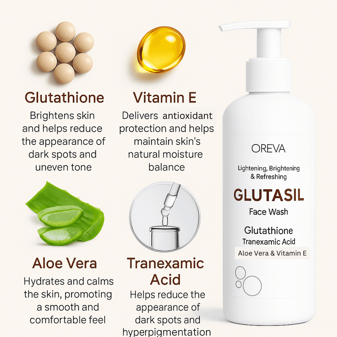 Oreva Dermacare Glutasil Face Wash 250ml | With Glutathione, Tranexamic Acid, Aloe Vera & Vitamin E Face Wash For Lightening, Brightening & Refreshing 1