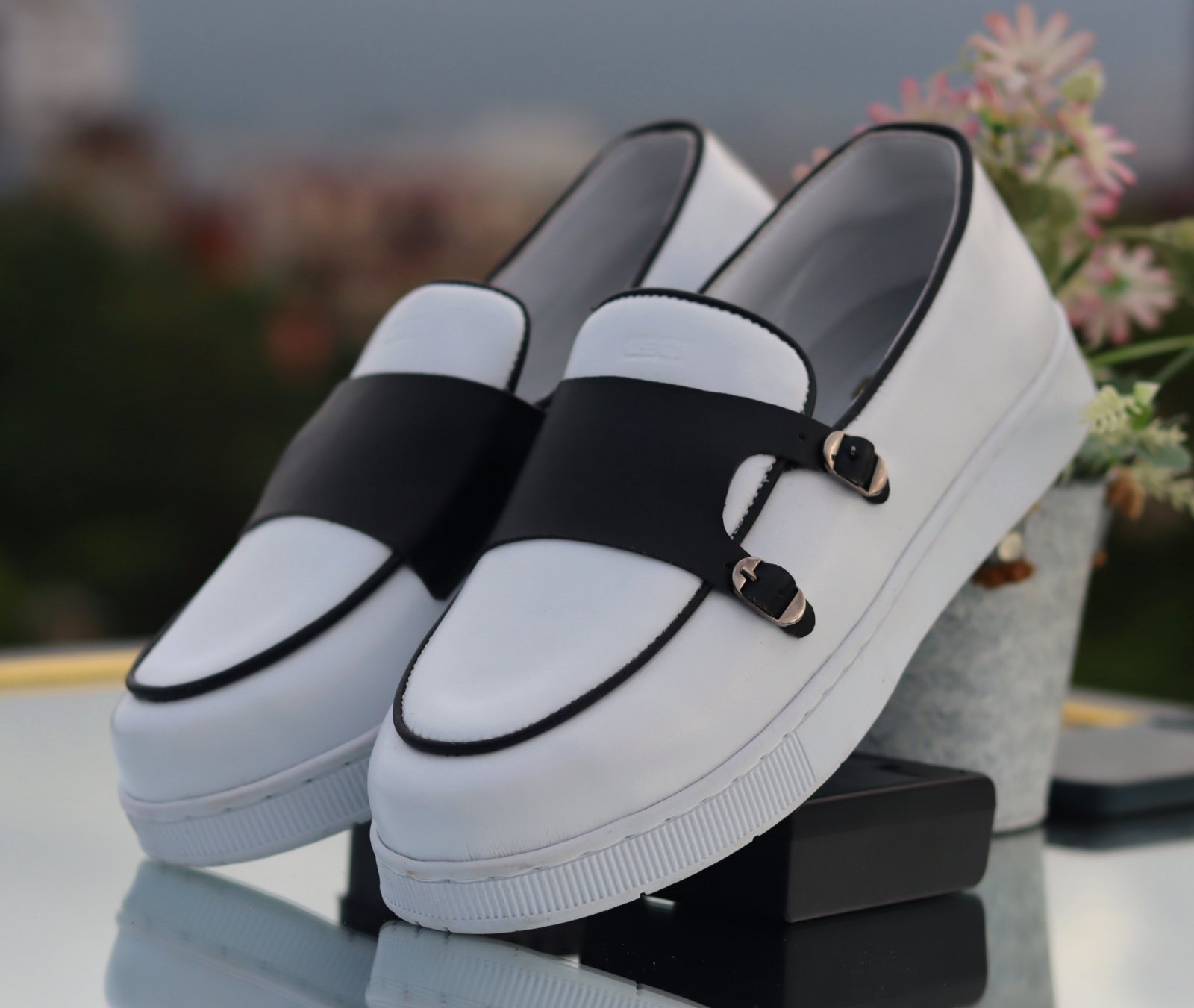 Premium White & Black Buckle Strap Mens Loafers | Modern Slip-On Edition ✨ 1