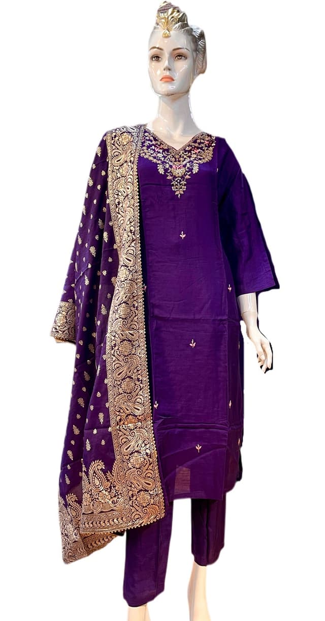 Hand Embroidery Worked Dola Silk Kurti Sets For Women