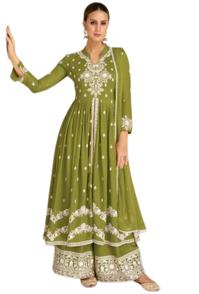 Lakhnavi Chickenkari Kurti Plazo Sets For Women In Green 1