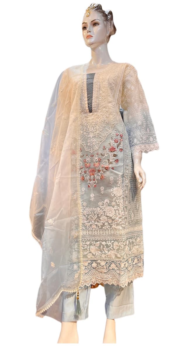 Women's Kurti Sets in Organza Embroidered Anarkali Style Long Kurti with Palazzo Pants And Dupatta in Light Blue And Maroon Sizes 38 40 42