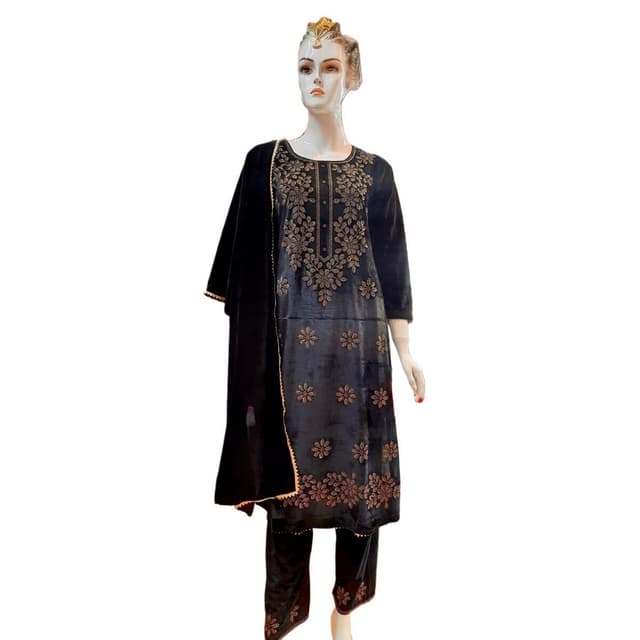 Velvet Swarovski Worked Kurti Sets For Women In Black
